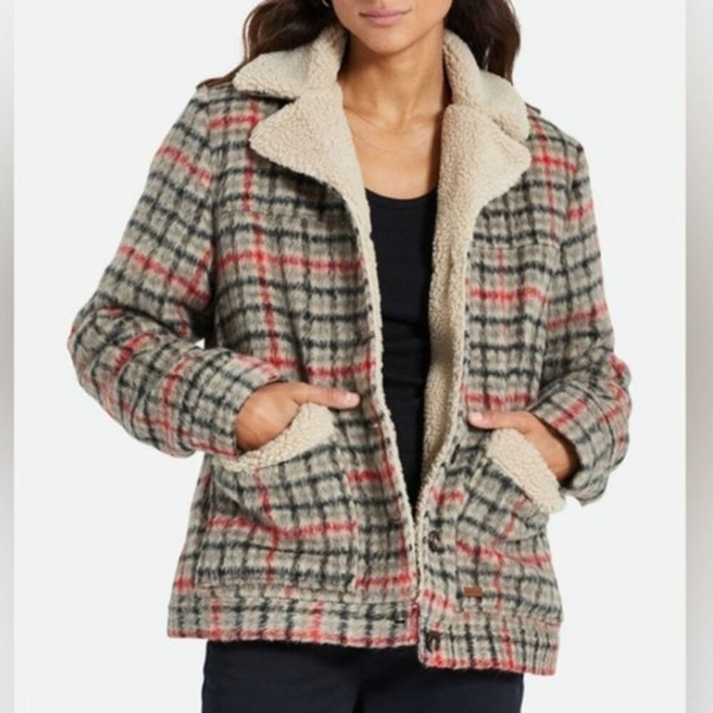 Brixton Nouvelle Plaid Sherpa Coat Red Black Shacket M Cabincore NWOT